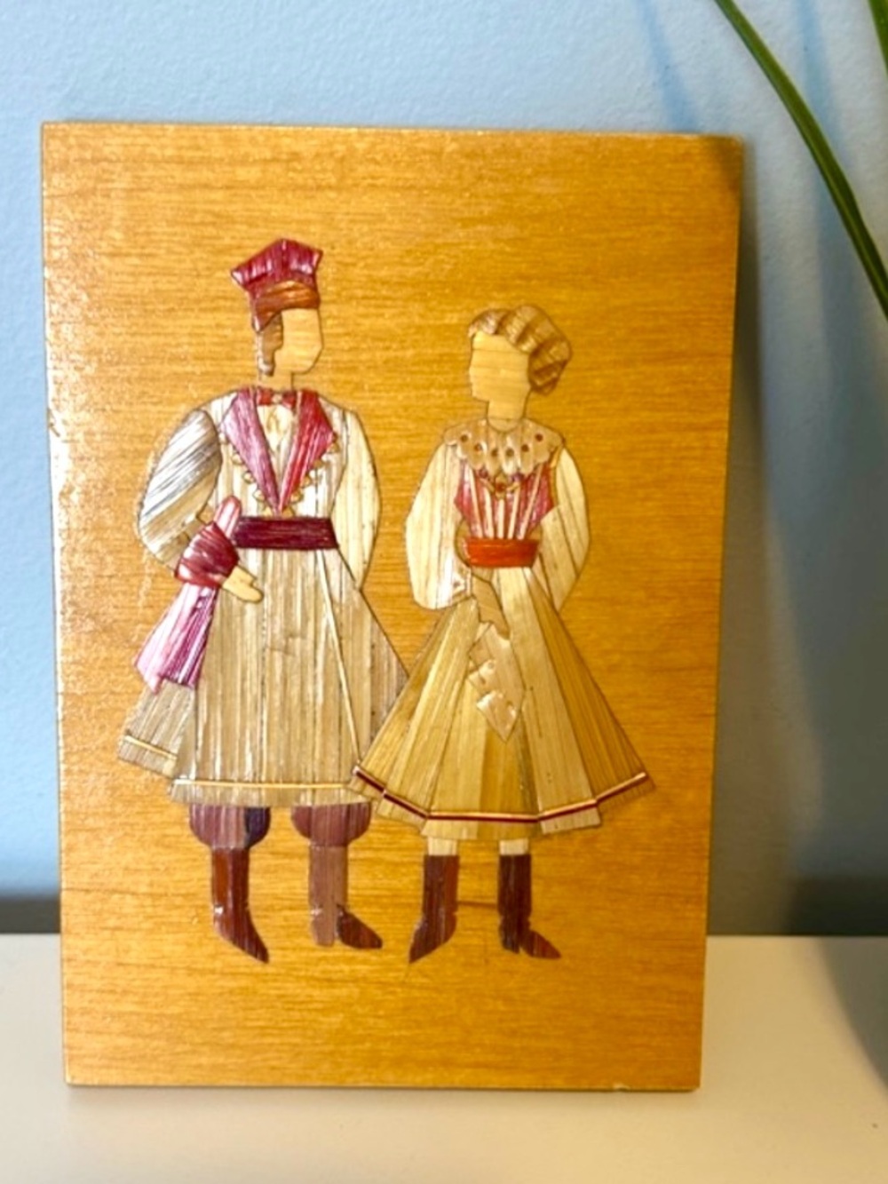 Vintage European Straw Art Wall Plaque 
Folk Art
